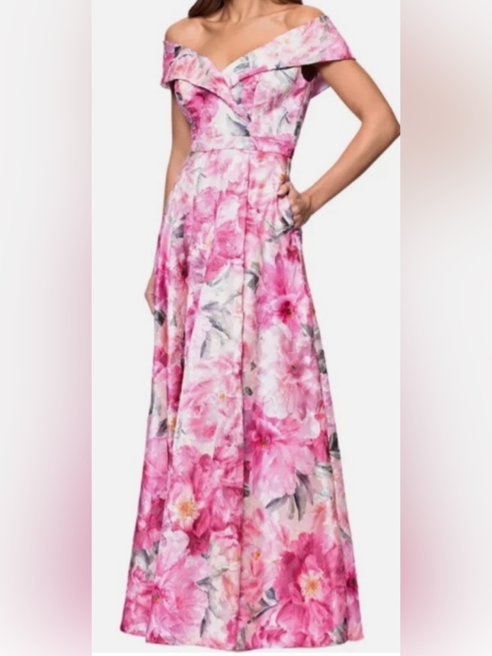Xscape Off-Shoulder Pink Floral Maxi Gown